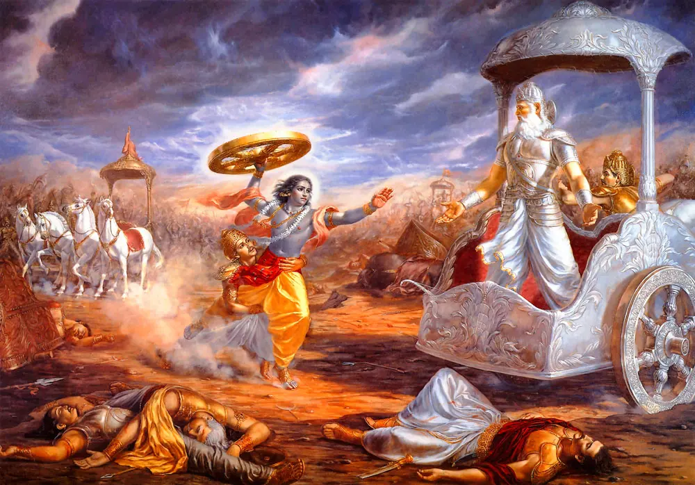 Krishna ready to attack Bhishma, while He had vowed not to take up weapons